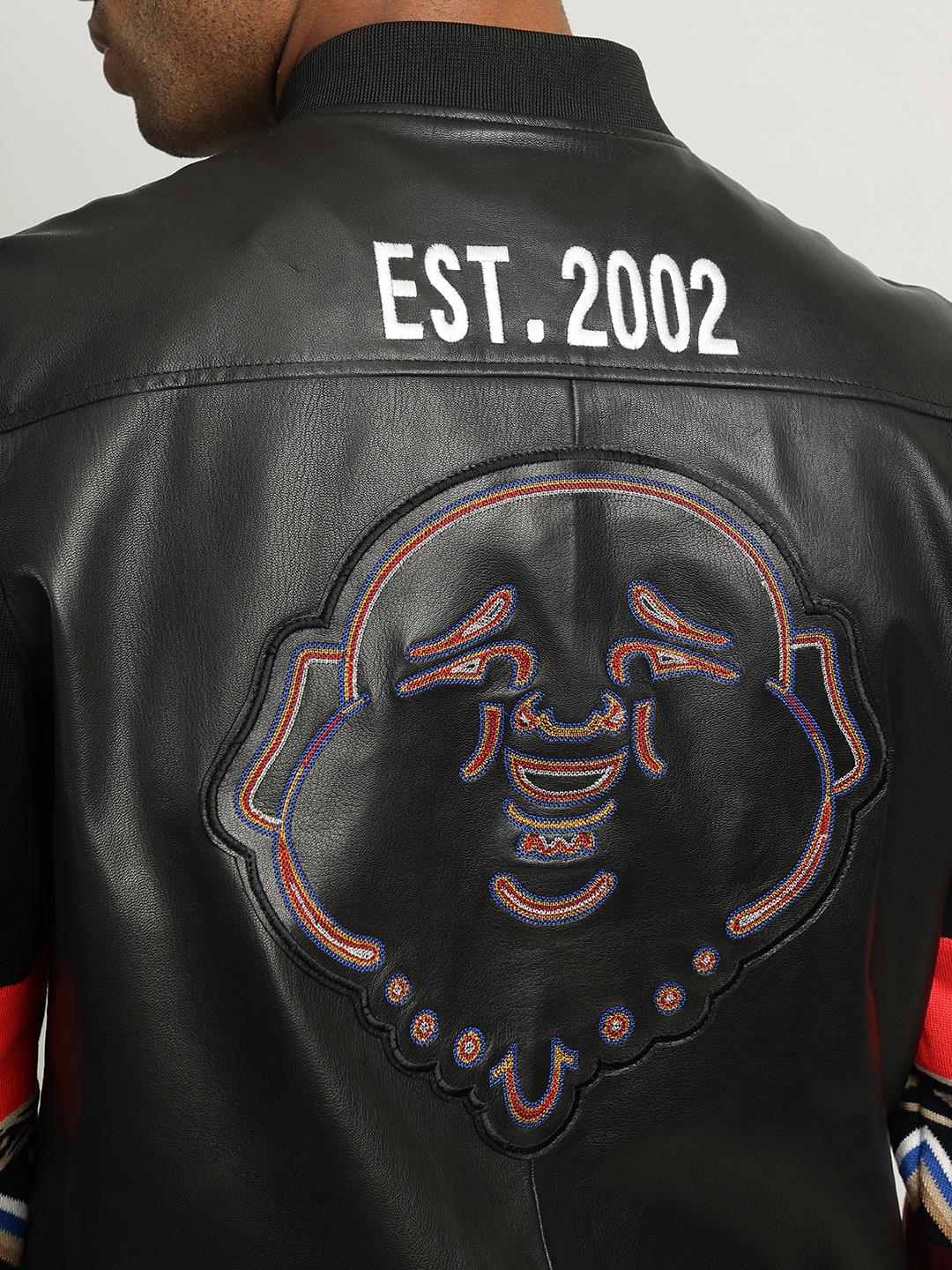 Men black solid stand collar full sleeves bomber jacket