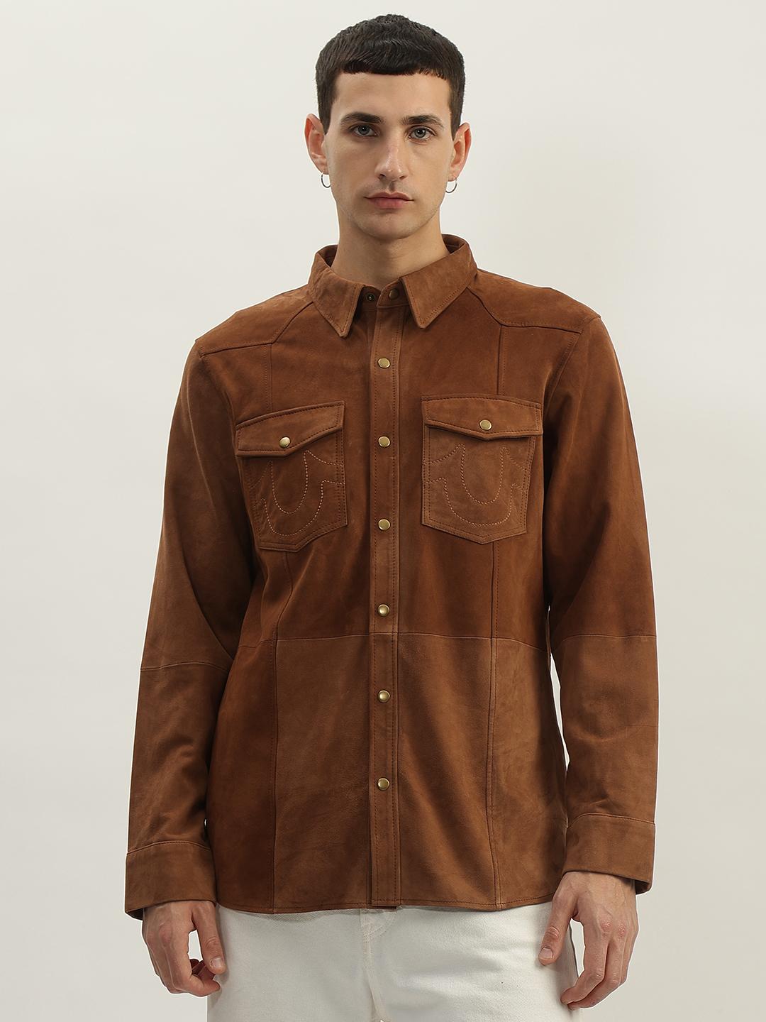 Men brown solid spread collar full sleeves shirt