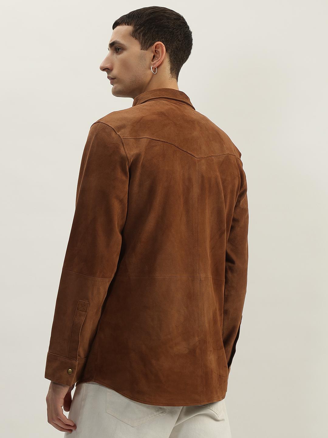 Men brown solid spread collar full sleeves shirt