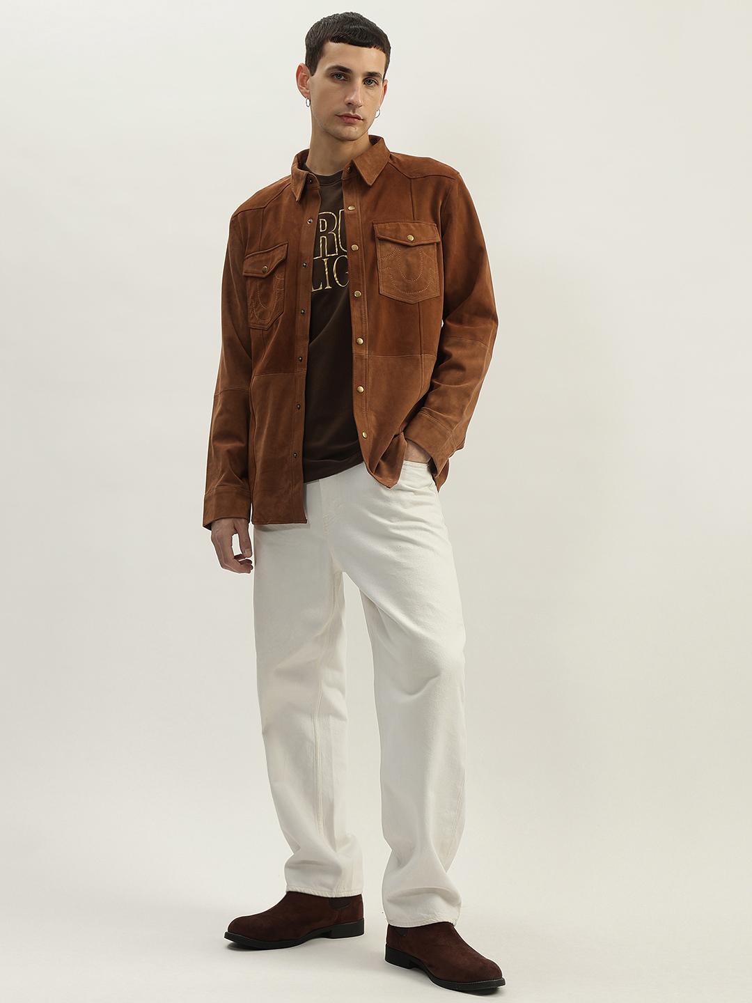 Men brown solid spread collar full sleeves shirt