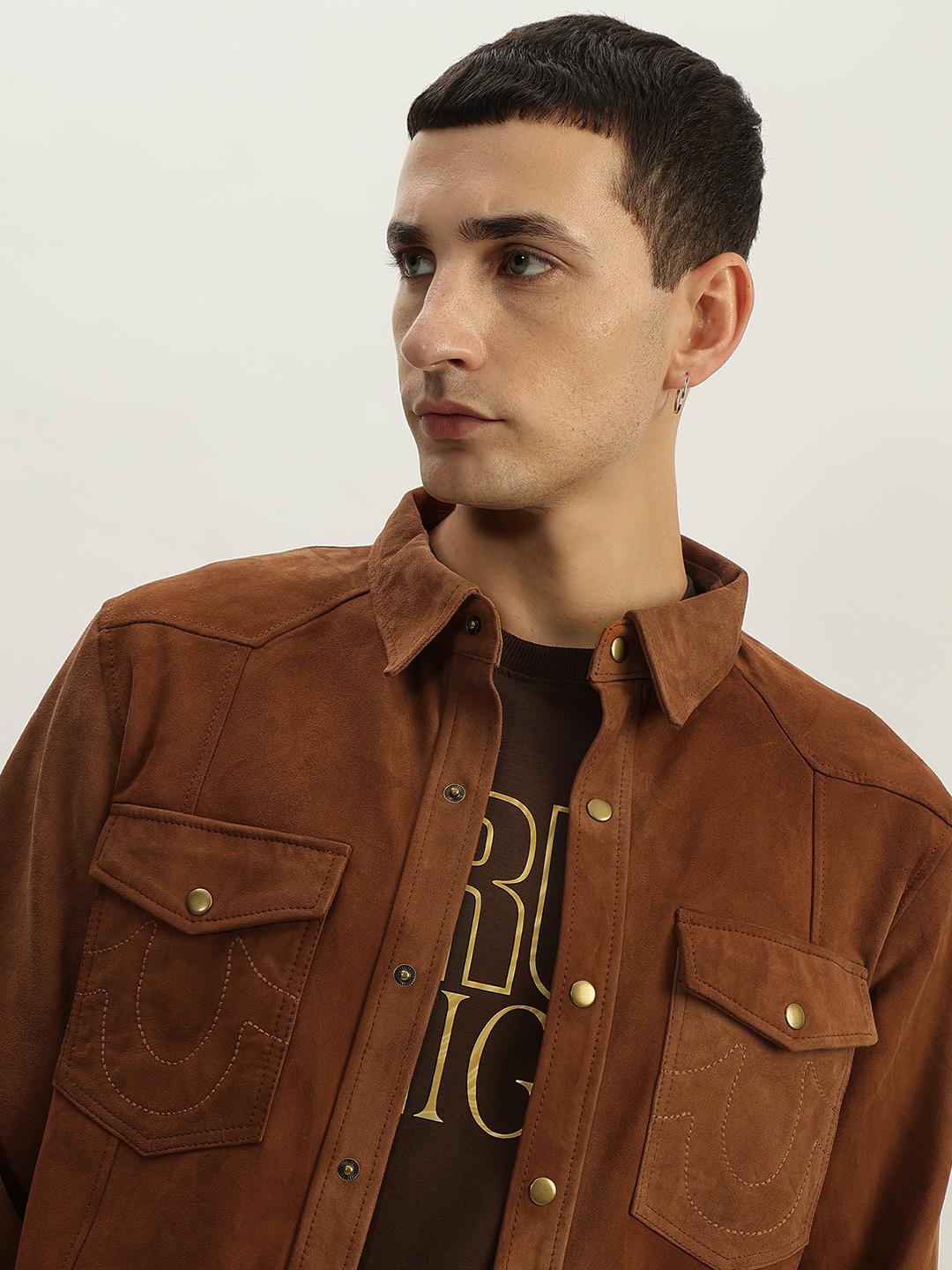 Men brown solid spread collar full sleeves shirt