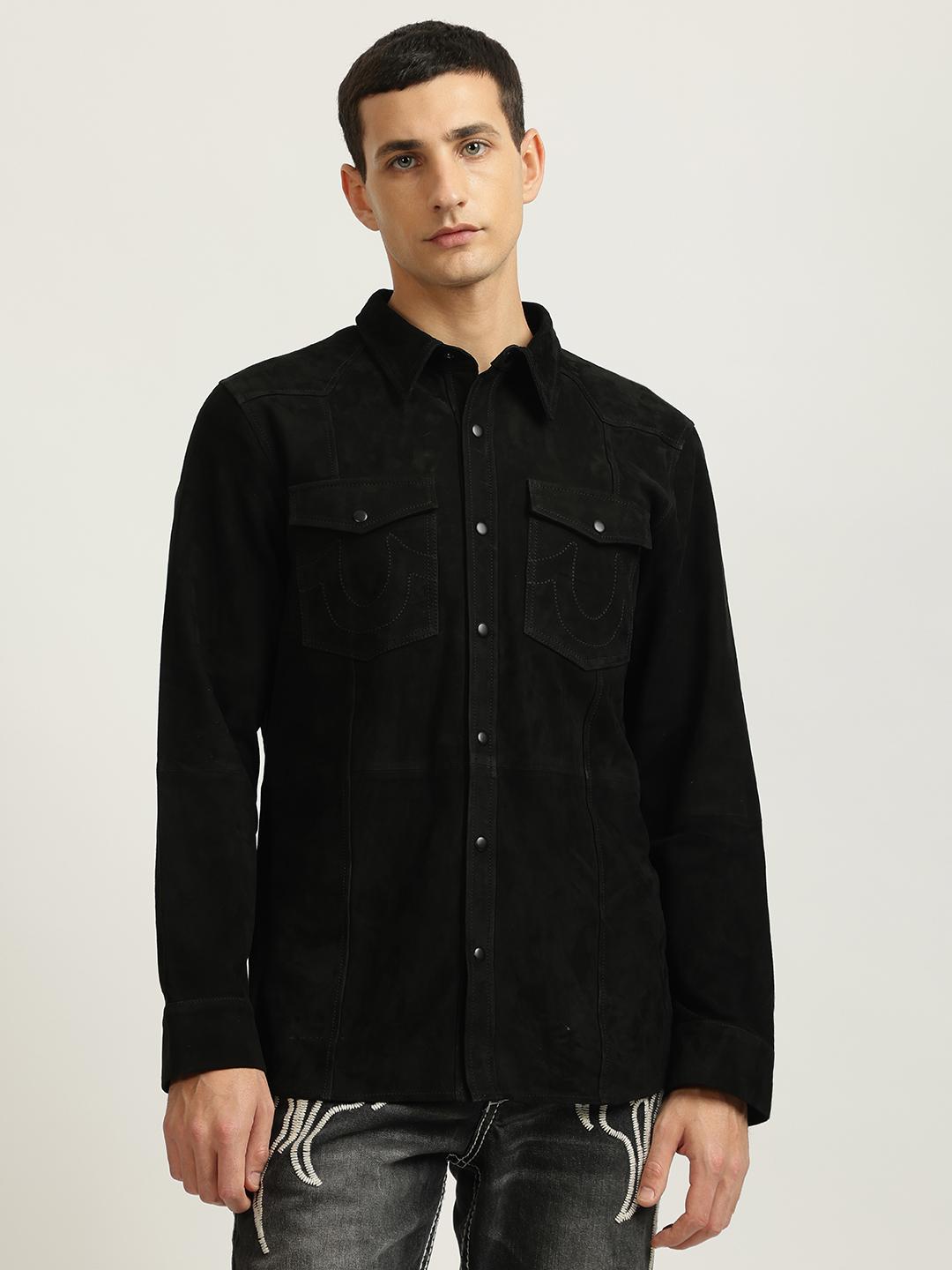 Men black solid spread collar full sleeves shirt