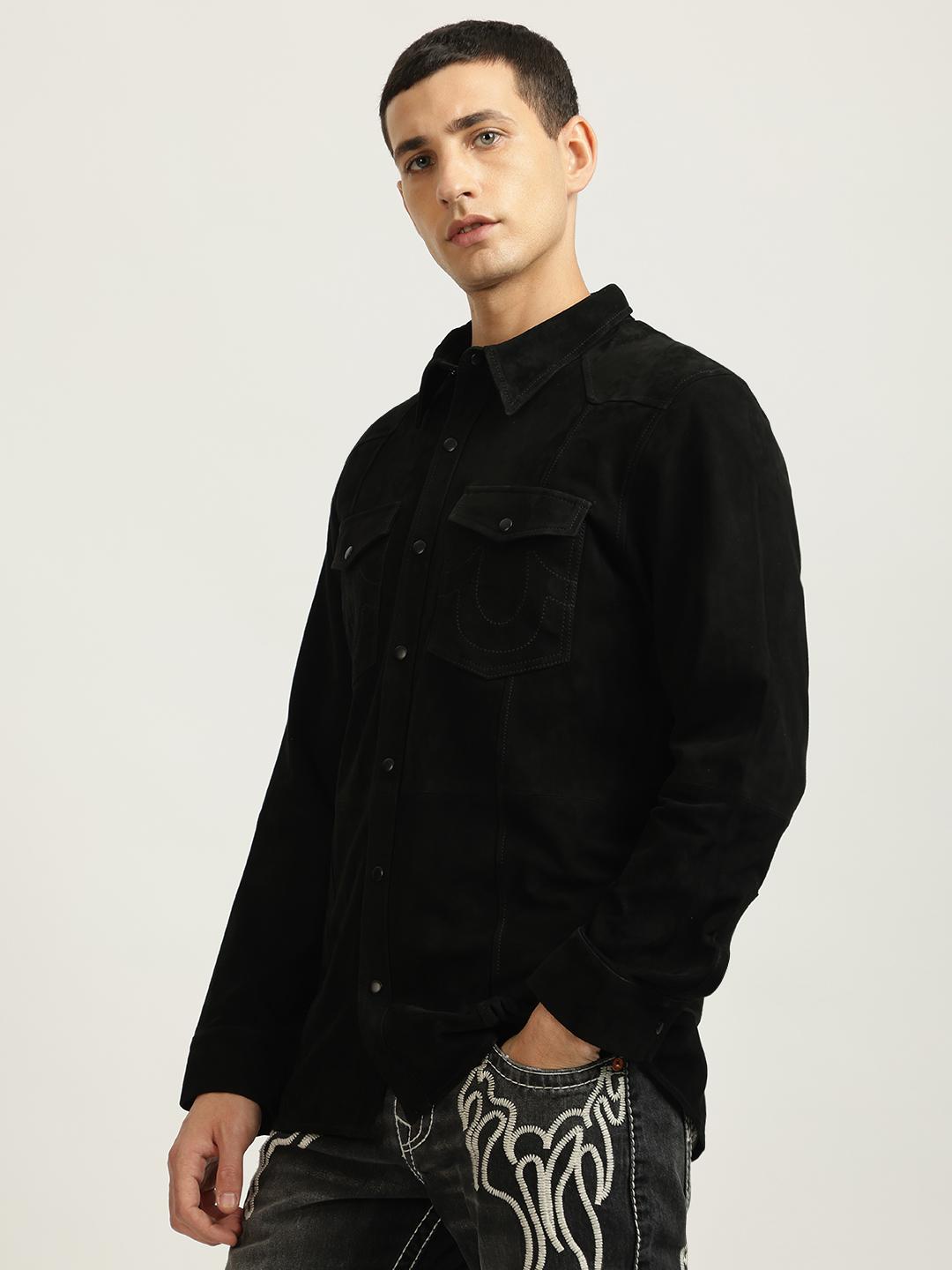 Men black solid spread collar full sleeves shirt