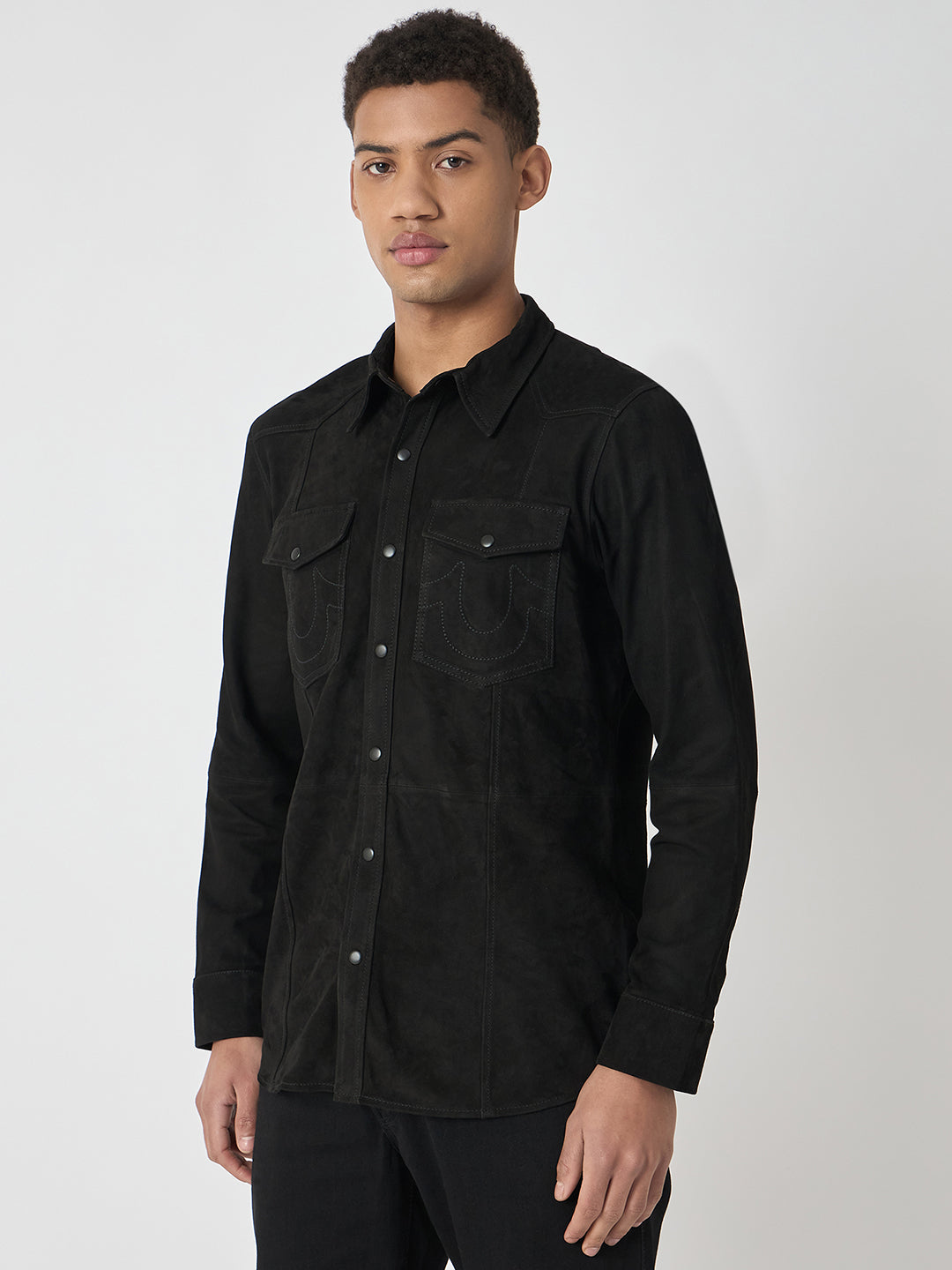 True Religion Men Black Solid Spread Collar Full Sleeves Shirt