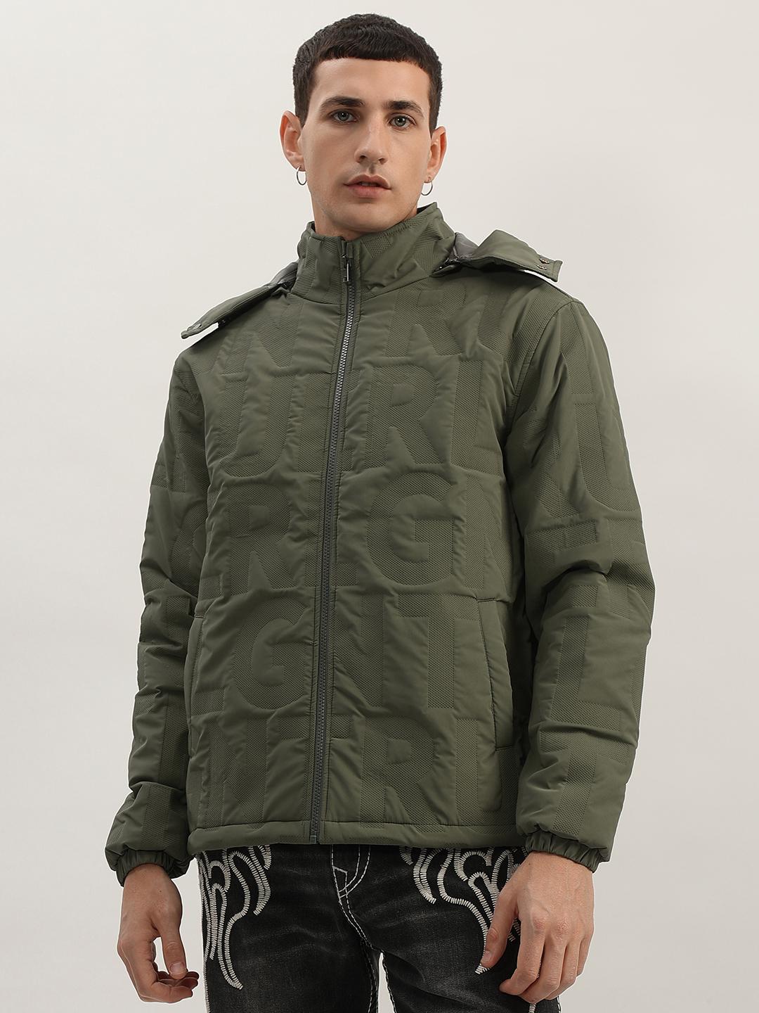 Men green solid stand collar full sleeves bomber jacket