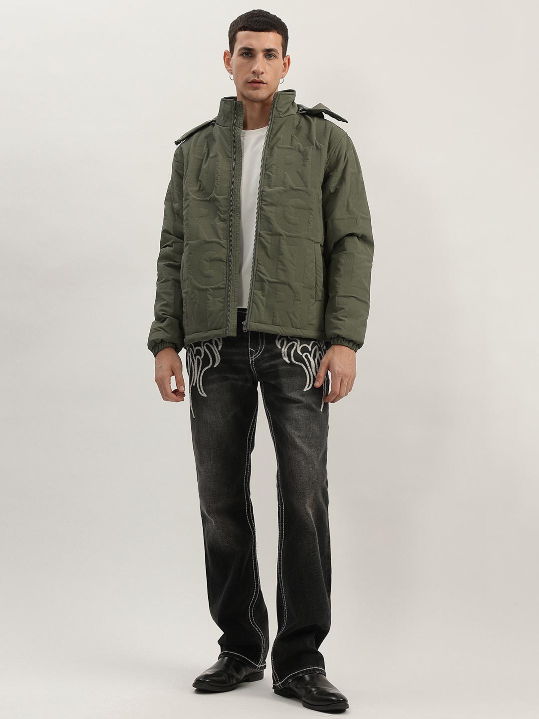 Men green solid stand collar full sleeves bomber jacket