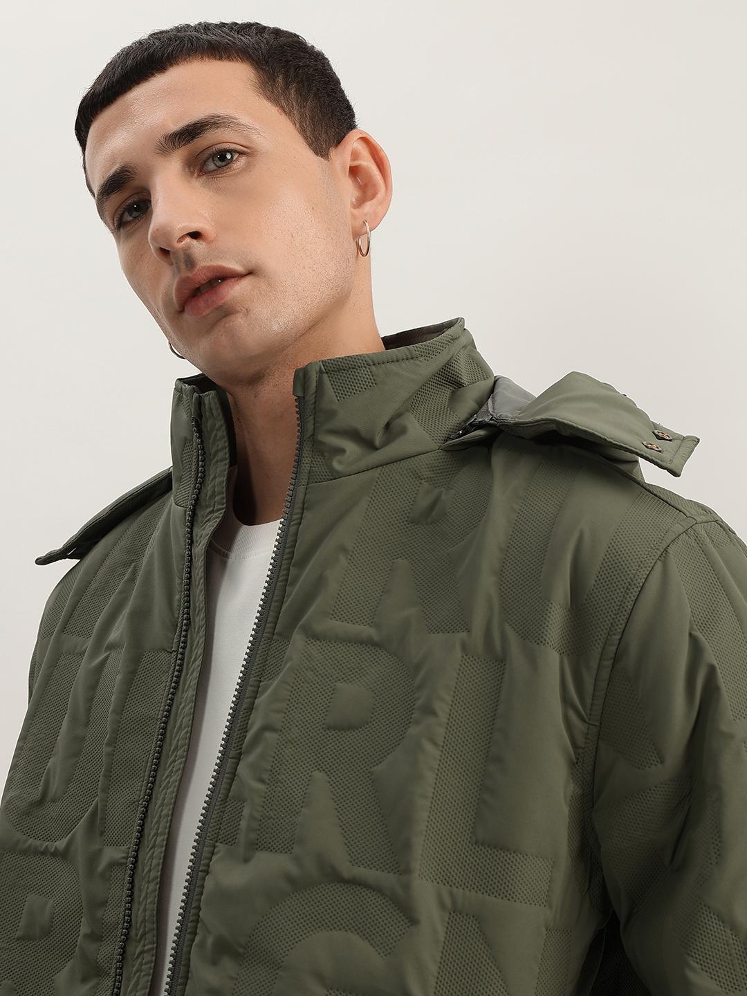 Men green solid stand collar full sleeves bomber jacket