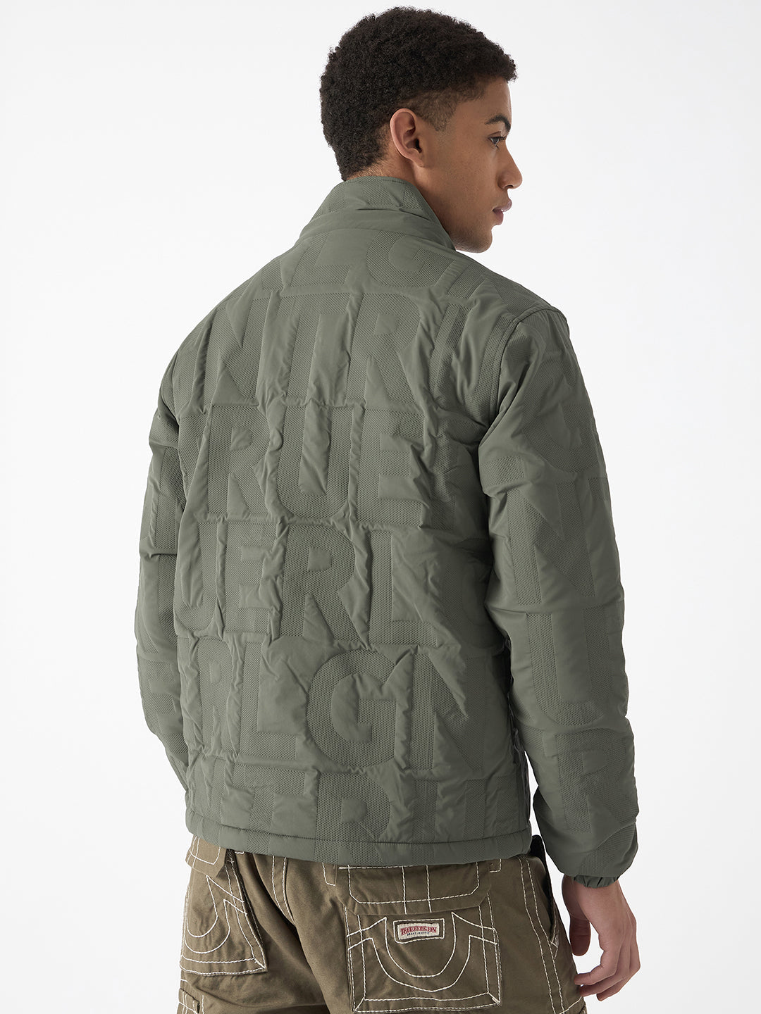 True Religion Men Green Solid Stand Collar Full Sleeves Bomber Jacket