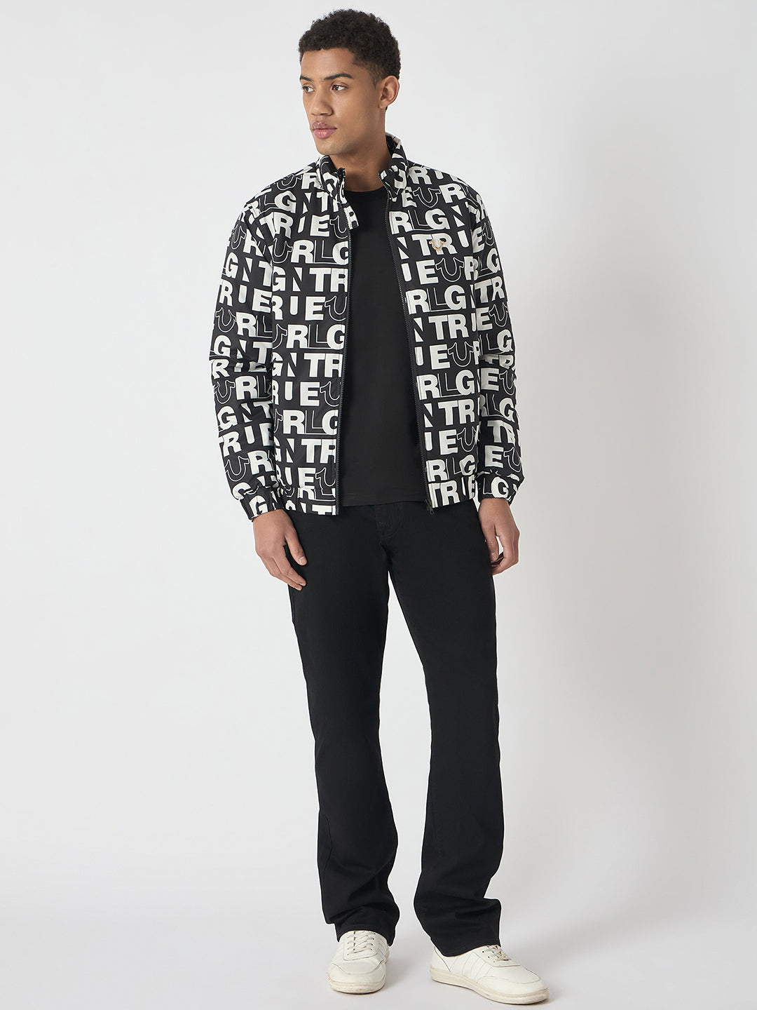 True Religion Men Black Printed Stand Collar Full Sleeves Bomber Jacket