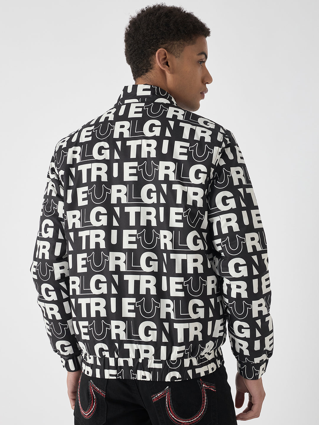 True Religion Men Black Printed Stand Collar Full Sleeves Bomber Jacket
