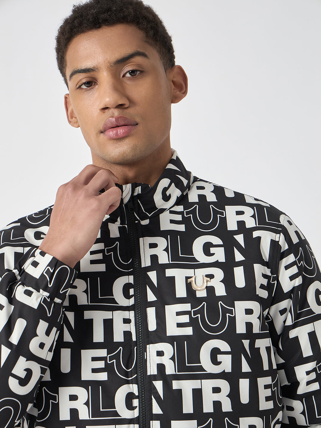 True Religion Men Black Printed Stand Collar Full Sleeves Bomber Jacket