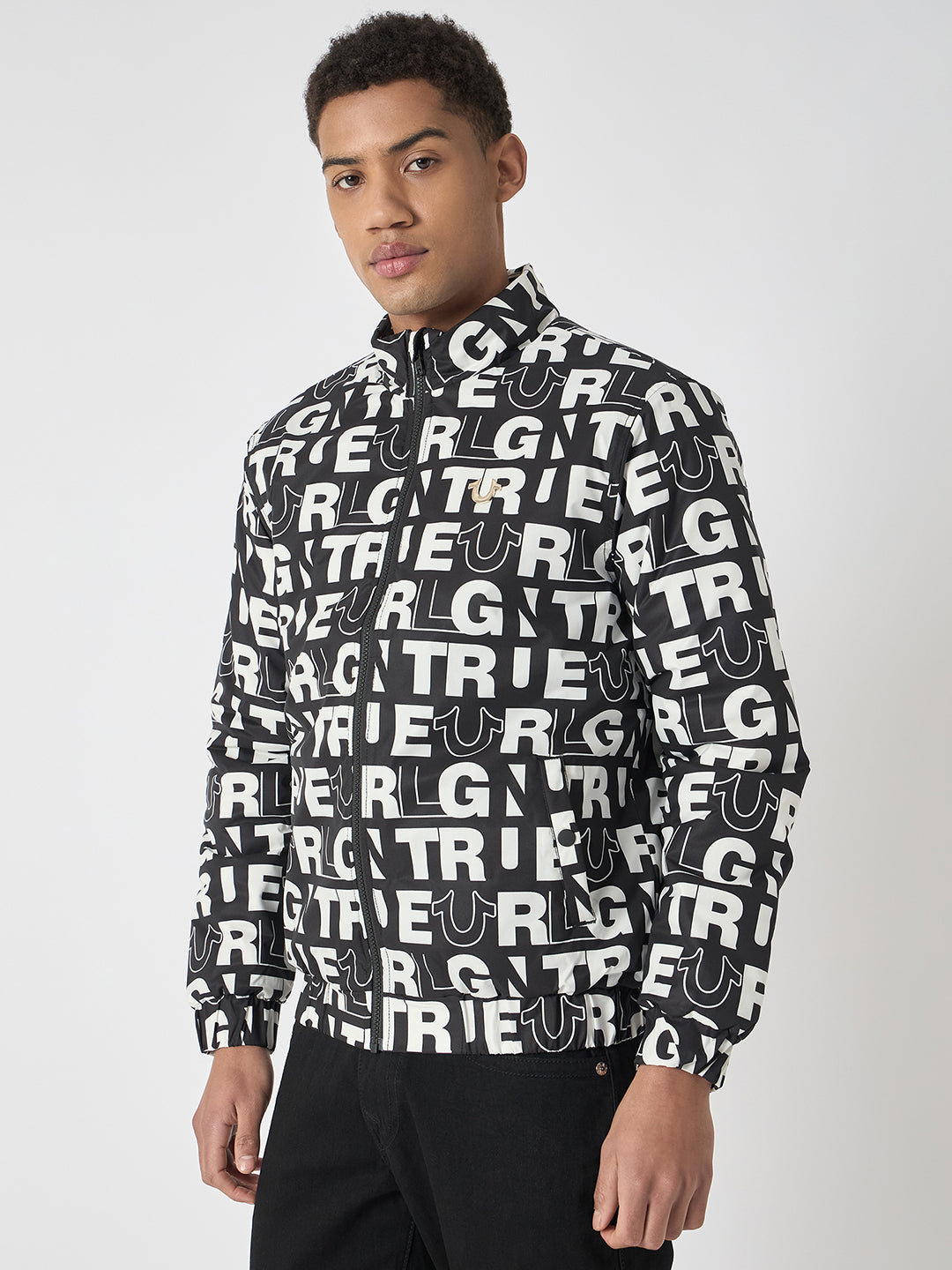 True Religion Men Black Printed Stand Collar Full Sleeves Bomber Jacket