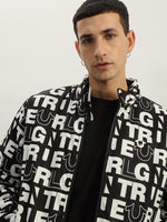 True Religion Men Black Printed Stand Collar Full Sleeves Bomber Jacket