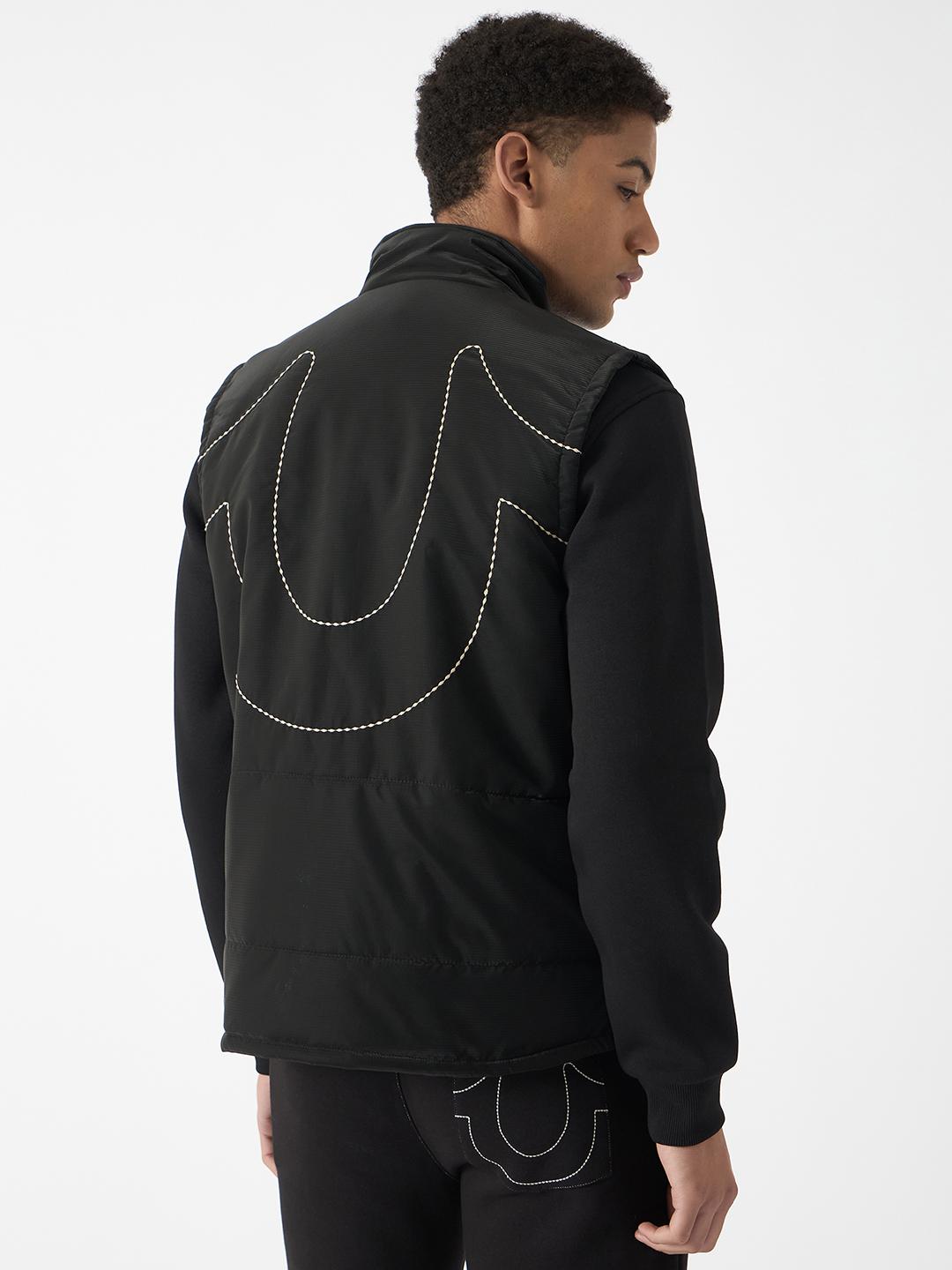 Men black solid stand collar sleeveless gilet jacket