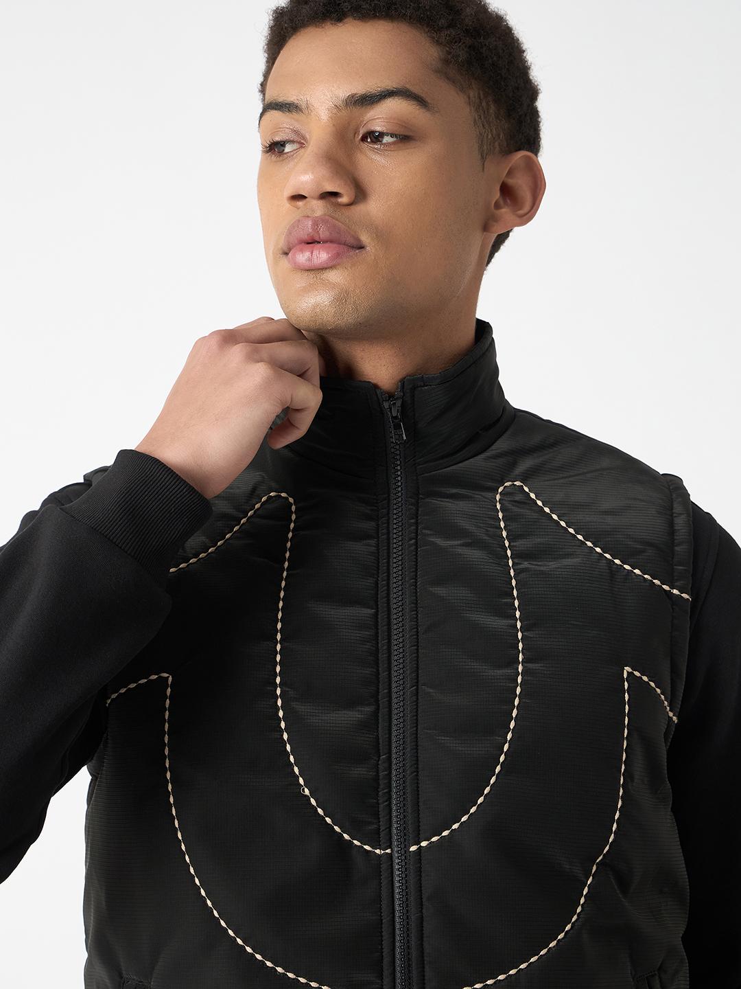 True Religion Men Black Solid Stand Collar Sleeveless Gilet Jacket