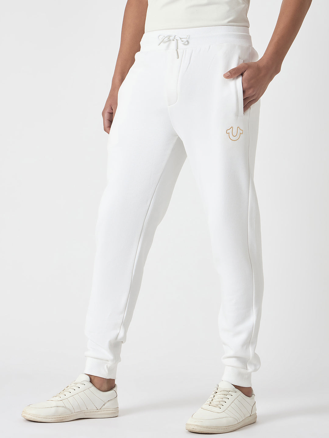 True Religion Men White Solid Regular Fit Mid-Rise Joggers Style Sweatpant