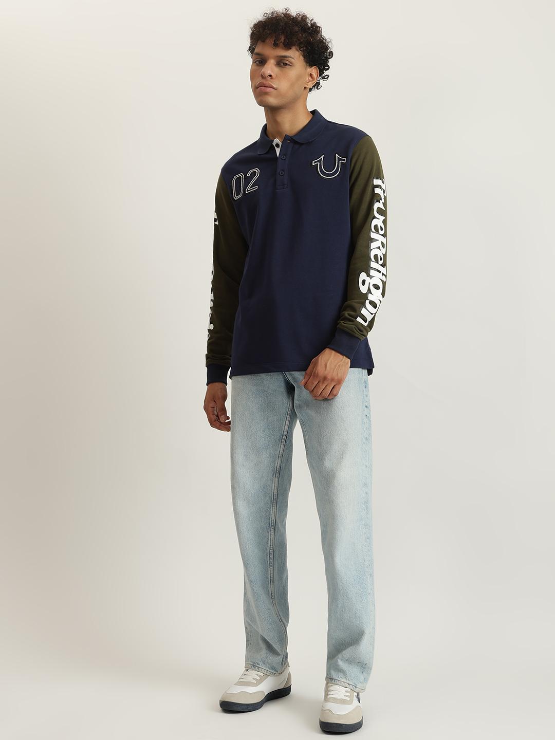 True Religion Men Color-Blocked Polo Collar Full Sleeves Tshirt