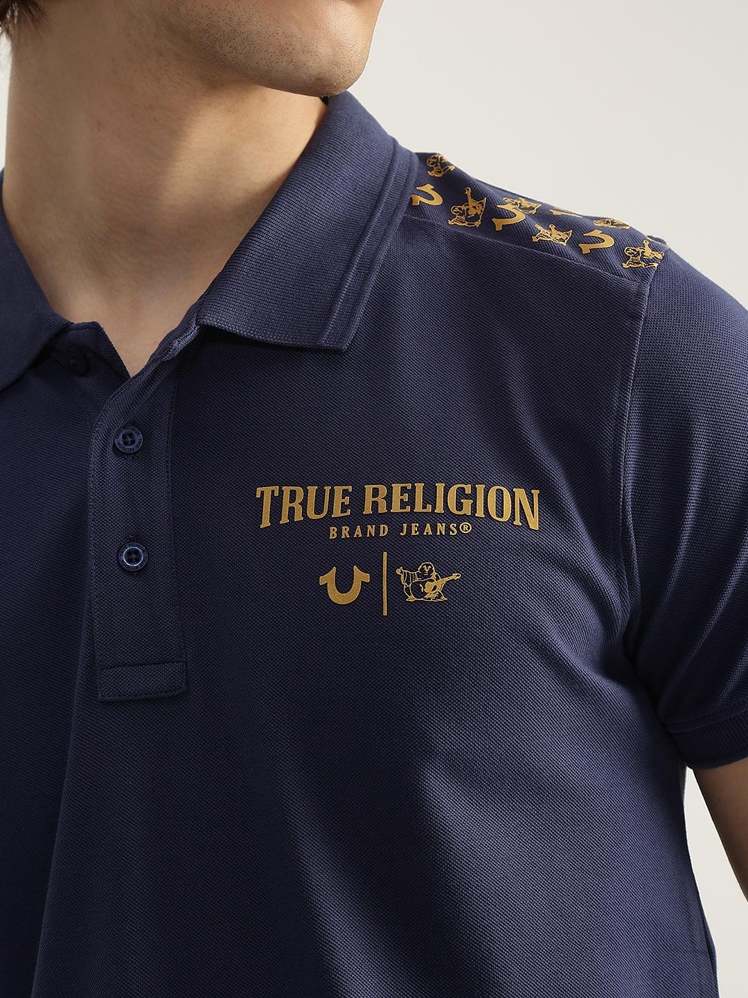 True Religion Men Blue Solid Polo Neck Short Sleeves Tshirt