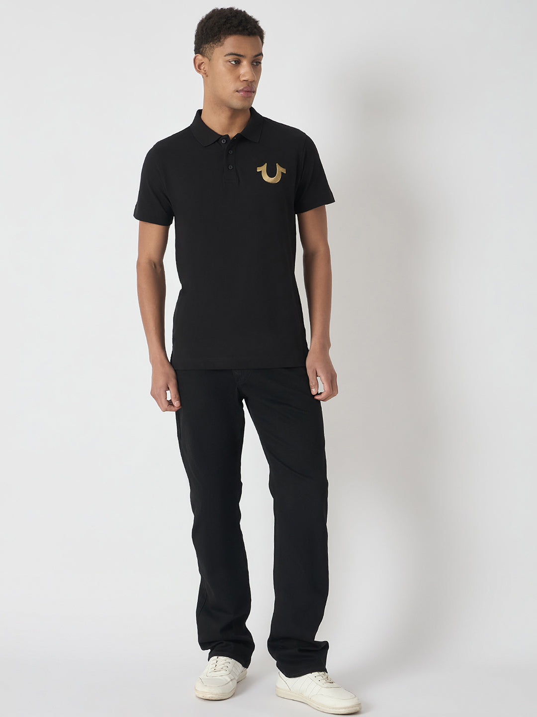 True Religion Men Black Solid Polo Collar Short Sleeves Polo Tshirt