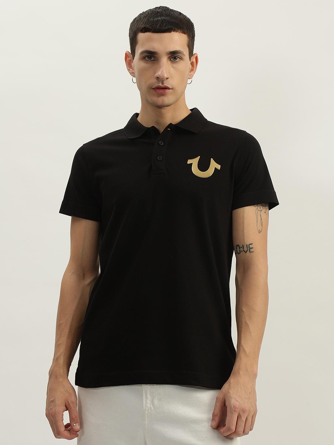 Men black solid polo collar short sleeves polo tshirt
