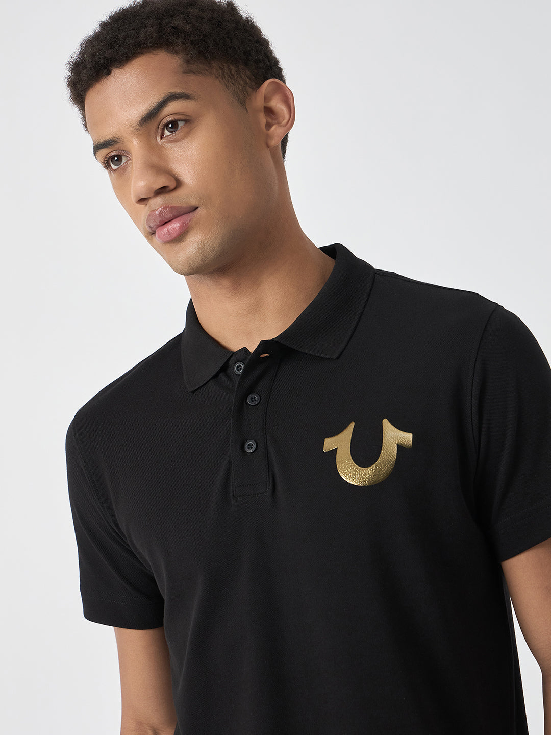 True Religion Men Black Solid Polo Collar Short Sleeves Polo Tshirt