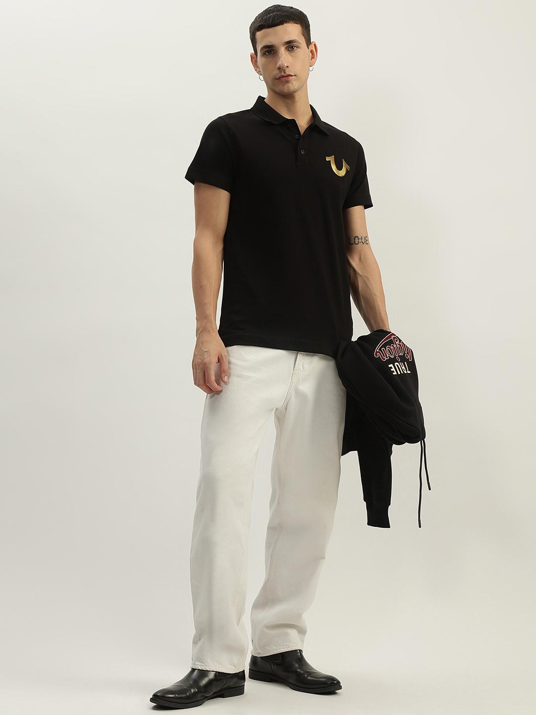 Men black solid polo collar short sleeves polo tshirt