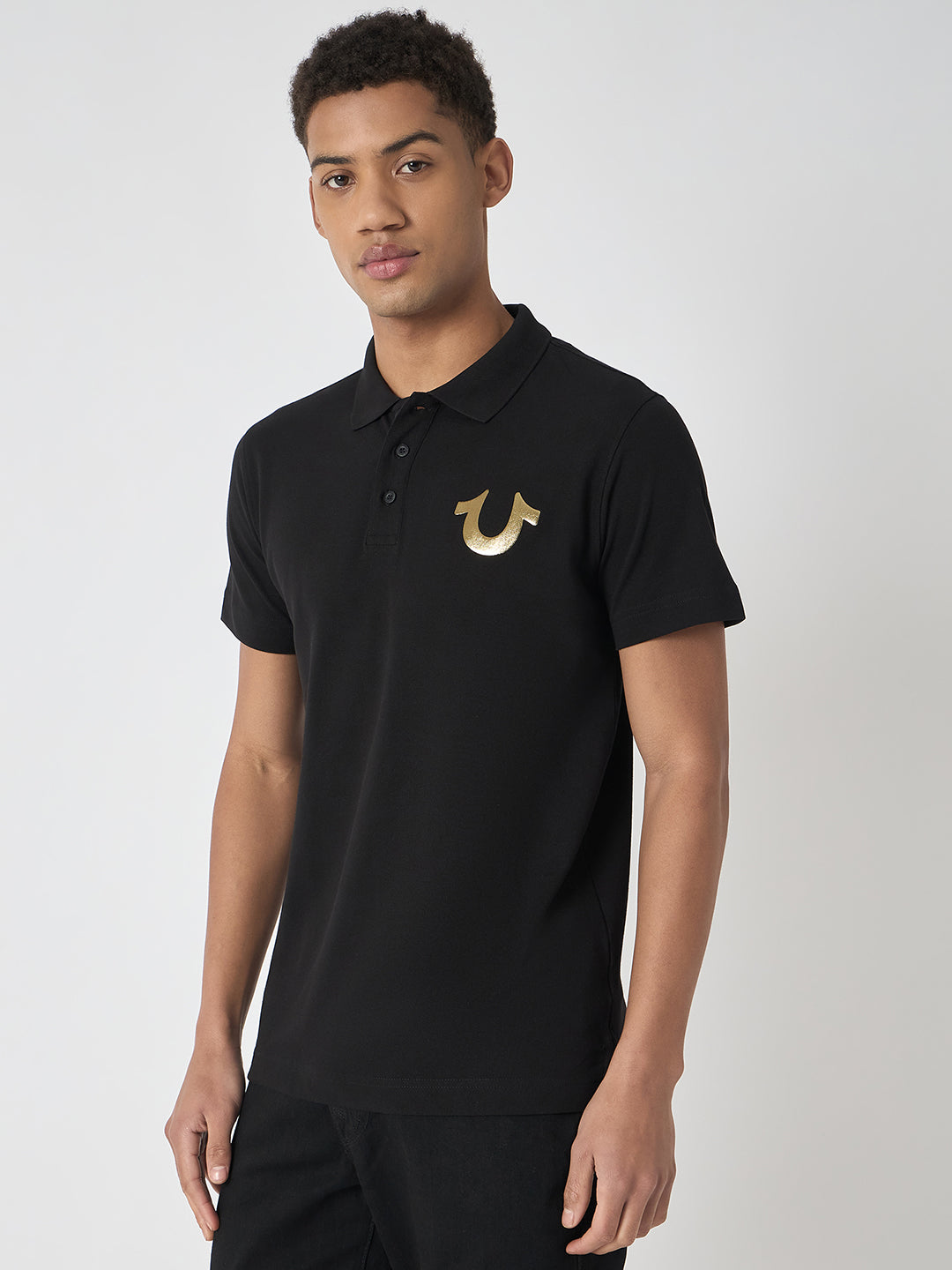 True Religion Men Black Solid Polo Collar Short Sleeves Polo Tshirt