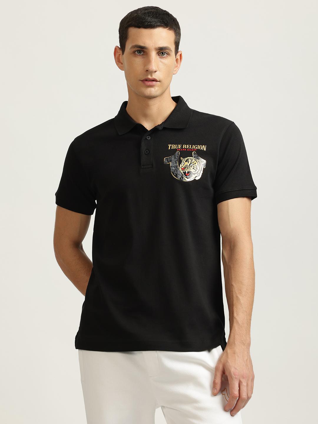 Men black solid polo collar short sleeves tshirt