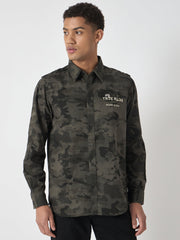 True Religion Men Grey Printed Spread Collar Full Sleeves Shirt
