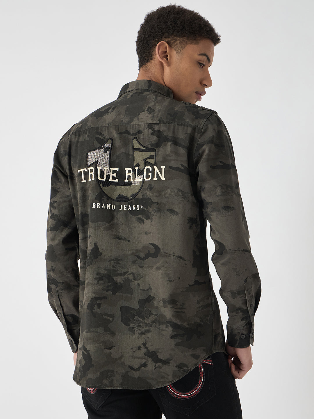 True Religion Men Grey Printed Spread Collar Full Sleeves Shirt