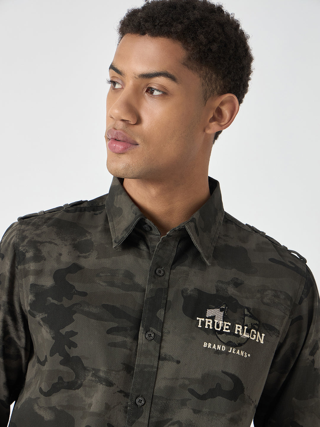 True Religion Men Grey Printed Spread Collar Full Sleeves Shirt