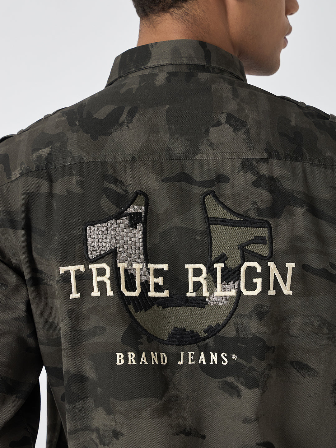 True Religion Men Grey Printed Spread Collar Full Sleeves Shirt