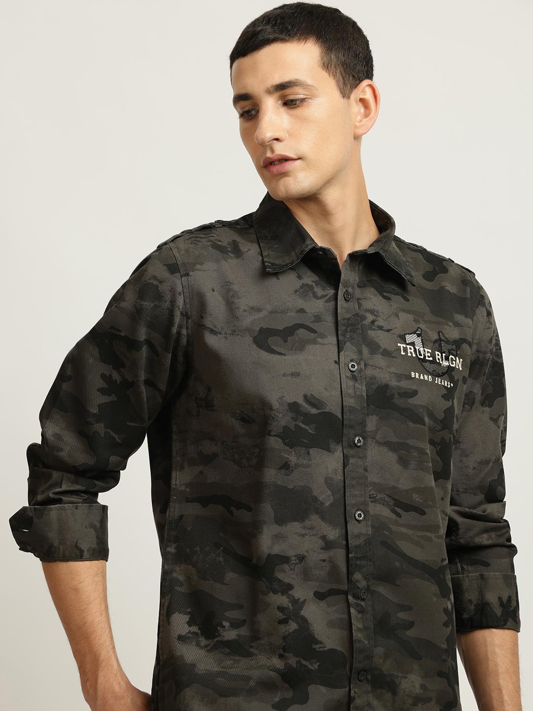 True Religion Men Grey Printed Spread Collar Full Sleeves Shirt