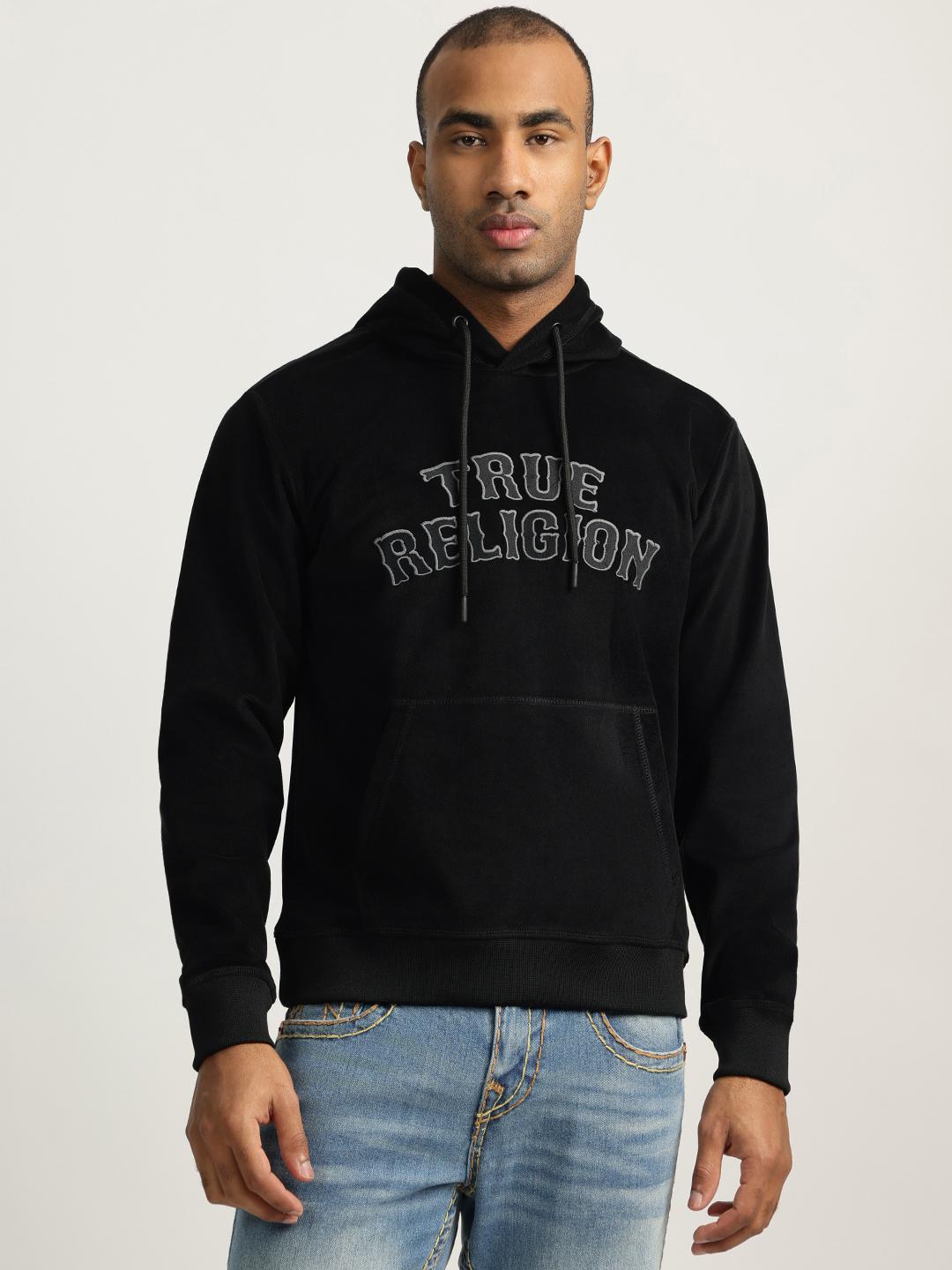 Men black embroidered hooded full sleeves sweatshirt