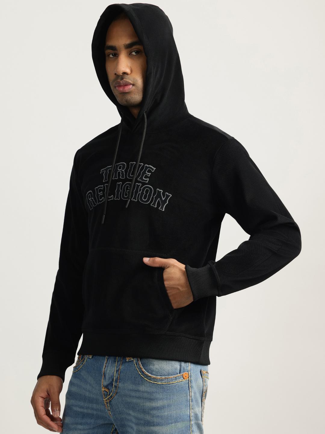 Men black embroidered hooded full sleeves sweatshirt