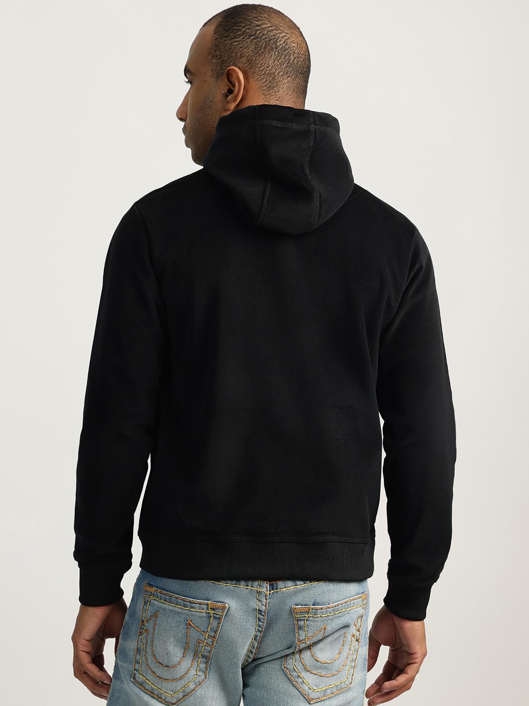 Men black embroidered hooded full sleeves sweatshirt