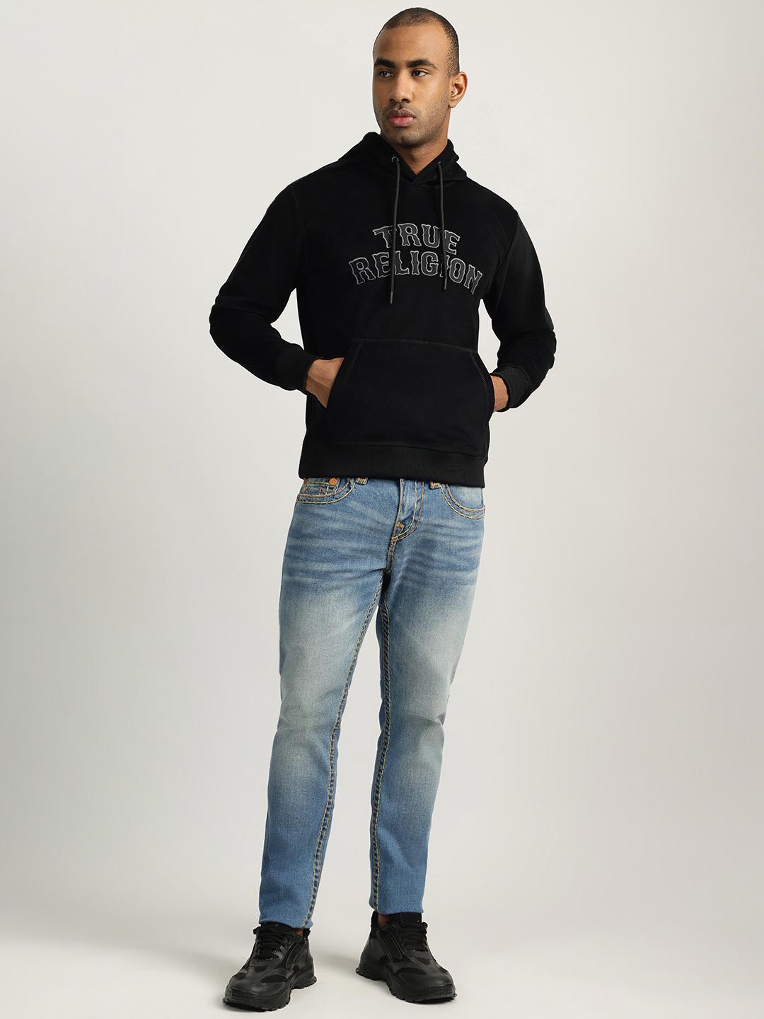 Men black embroidered hooded full sleeves sweatshirt