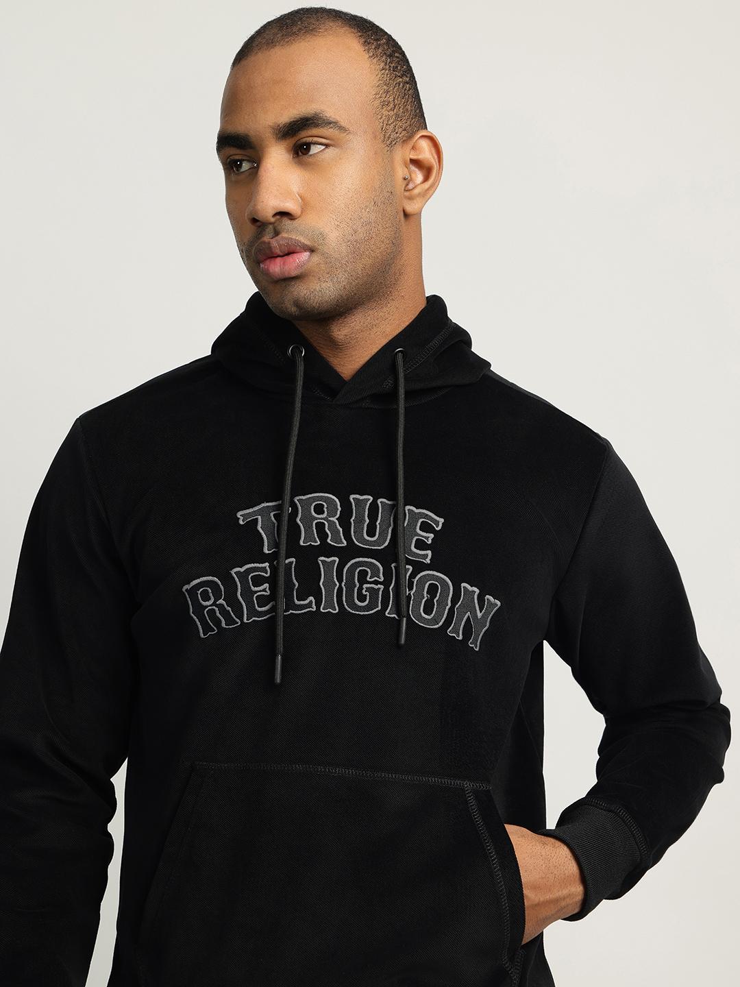 Men black embroidered hooded full sleeves sweatshirt