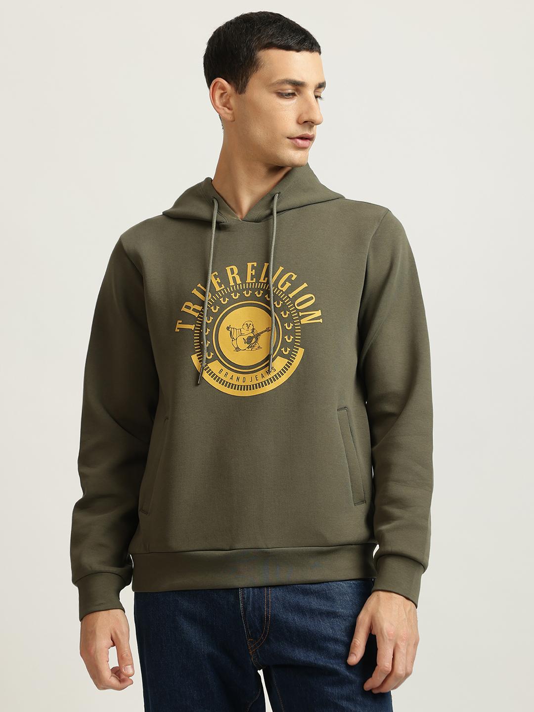 Men green printed hooded full sleeves pullover style sweatshirt
