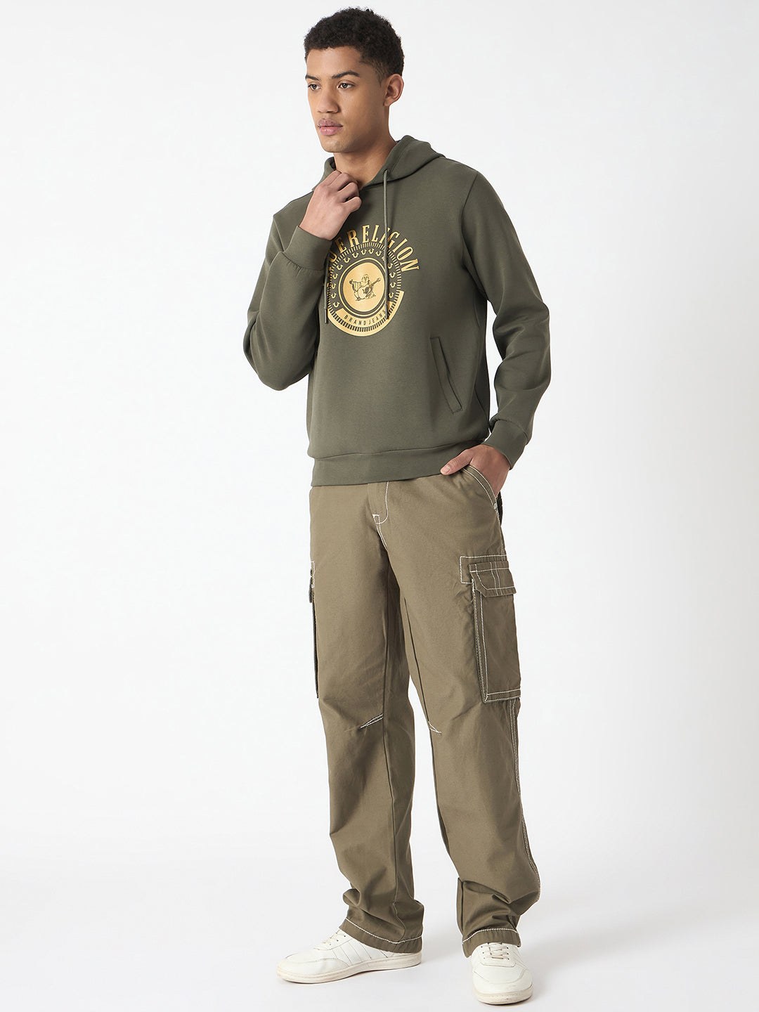 True Religion Men Green Printed Hooded Full Sleeves Pullover Style Sweatshirt