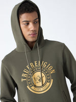True Religion Men Green Printed Hooded Full Sleeves Pullover Style Sweatshirt