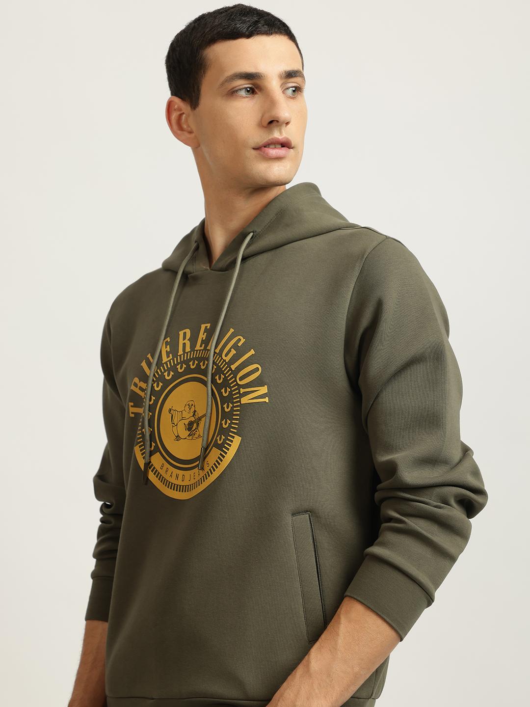 Men green printed hooded full sleeves pullover style sweatshirt