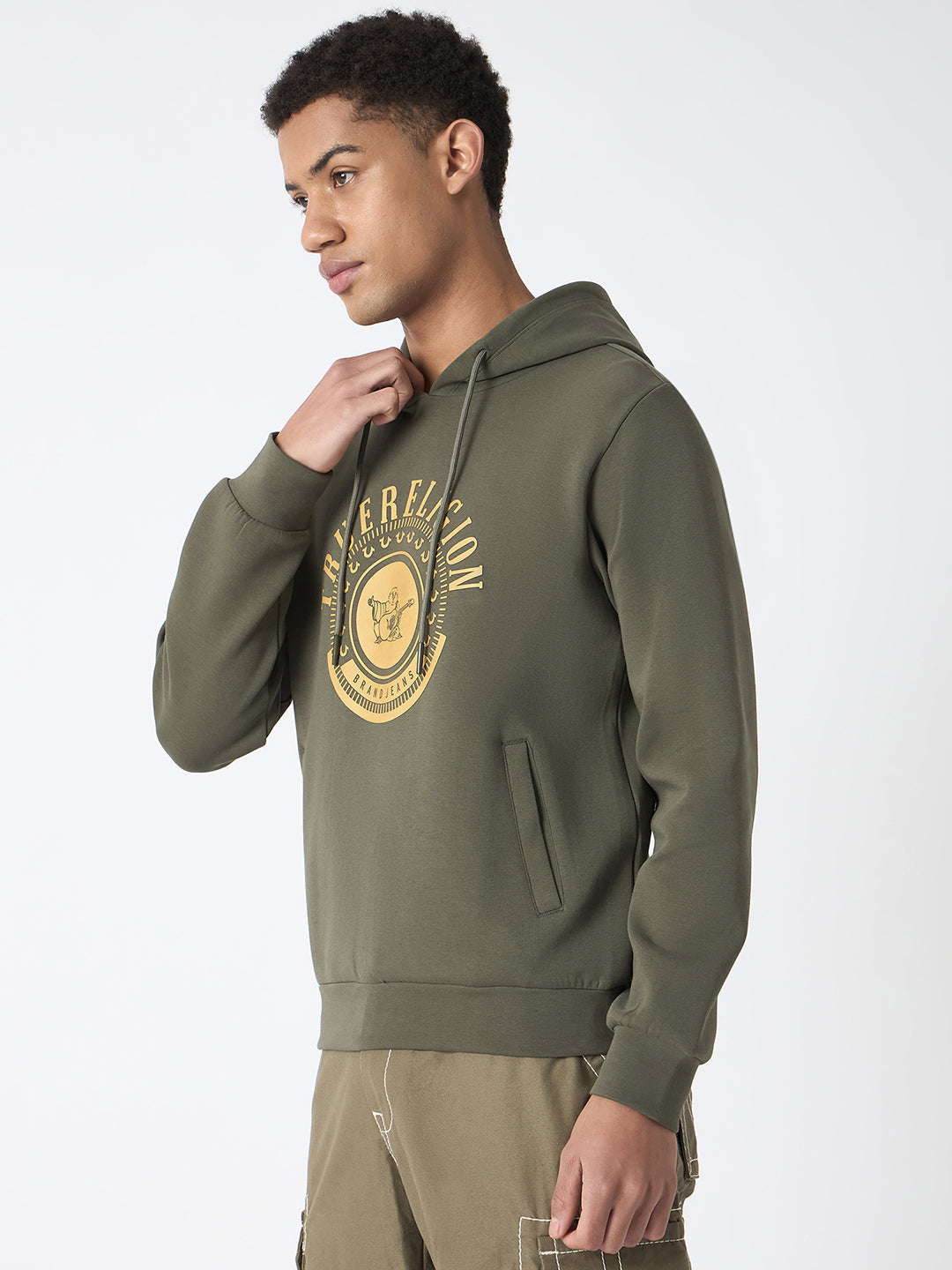 True Religion Men Green Printed Hooded Full Sleeves Pullover Style Sweatshirt