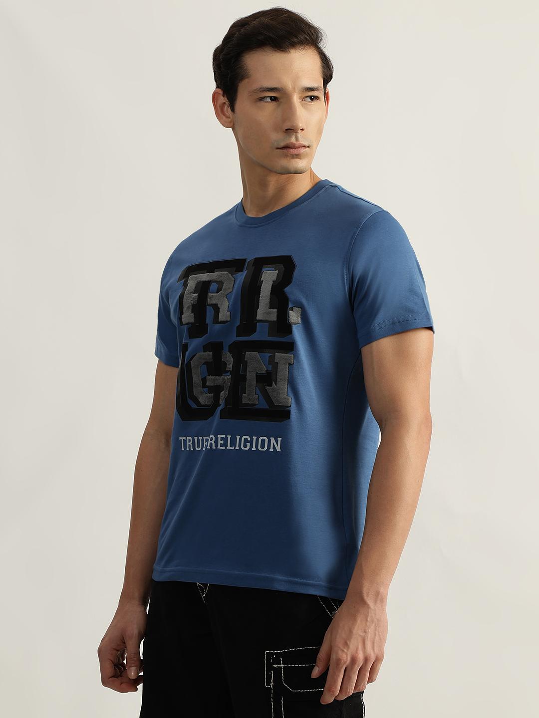 True Religion Men Blue Printed Round Neck Short Sleeves Tshirt
