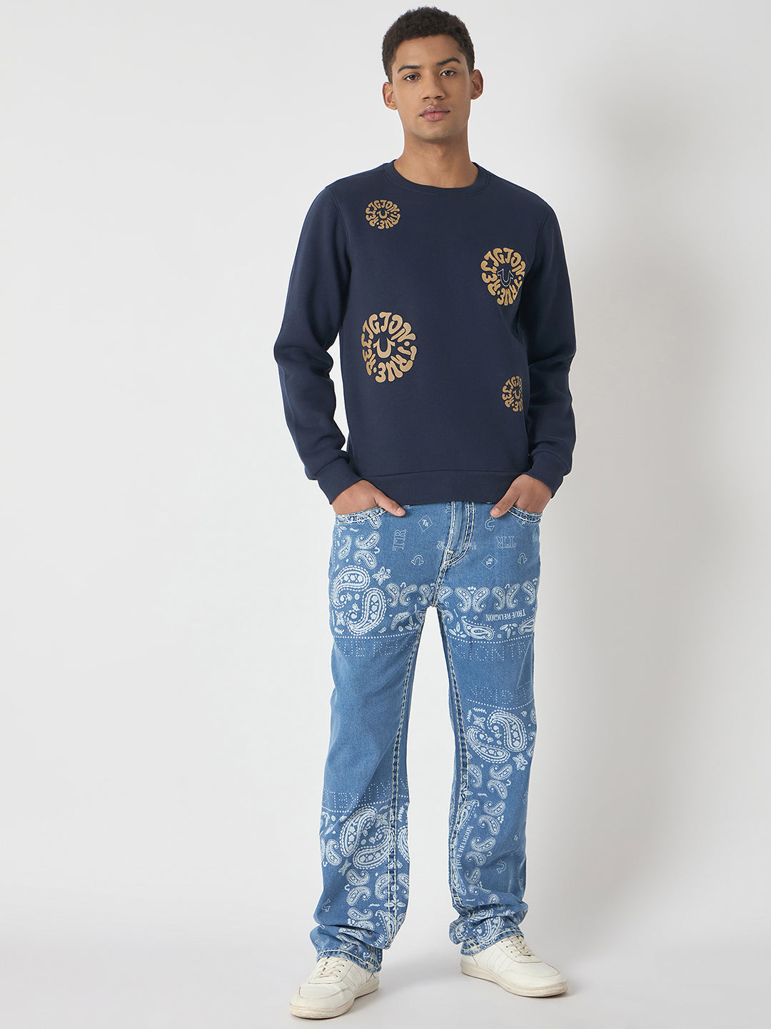 True Religion Men Blue Printed Round Neck Full Sleeves Pullover Style Sweatshirt