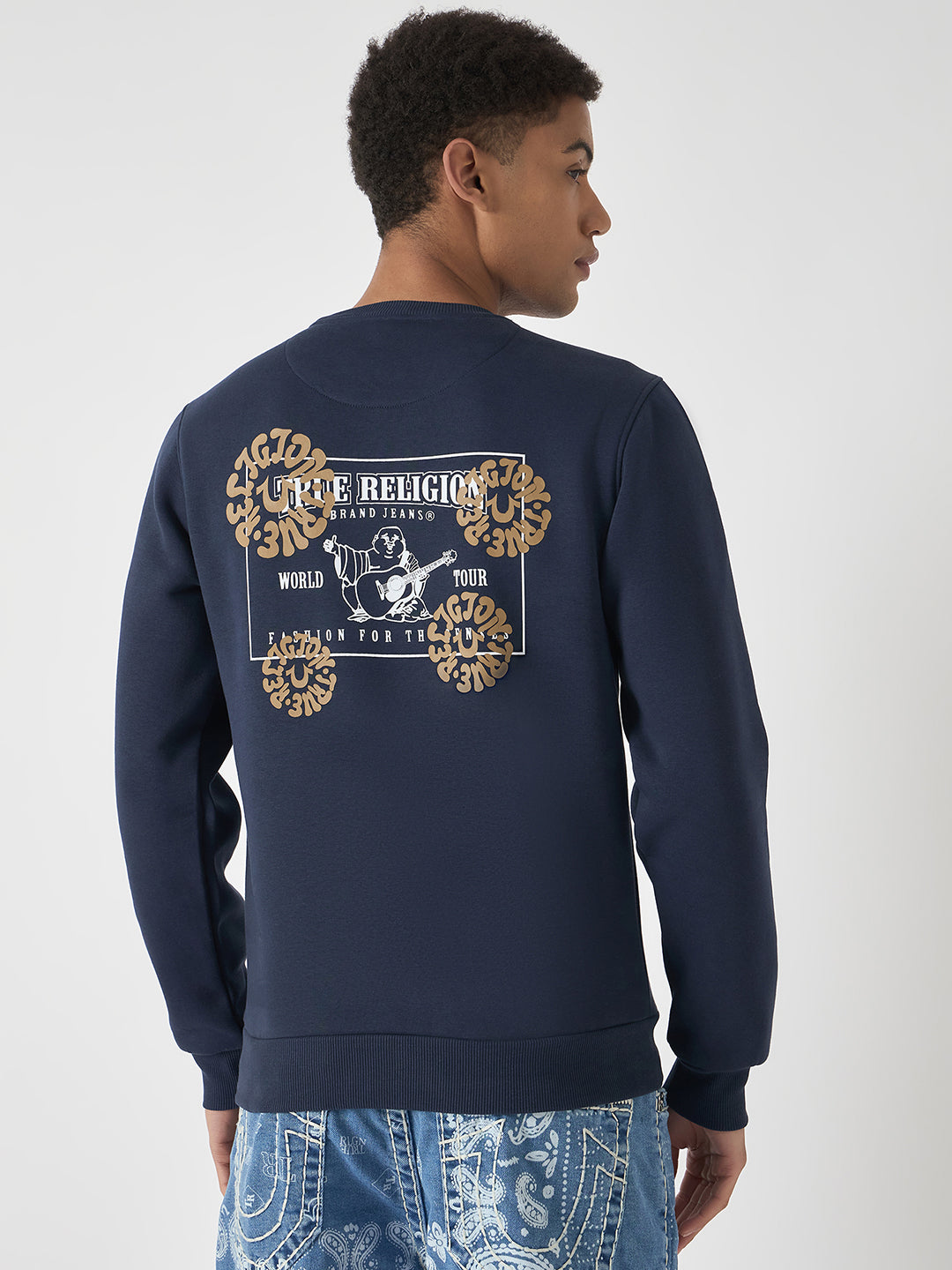 True Religion Men Blue Printed Round Neck Full Sleeves Pullover Style Sweatshirt