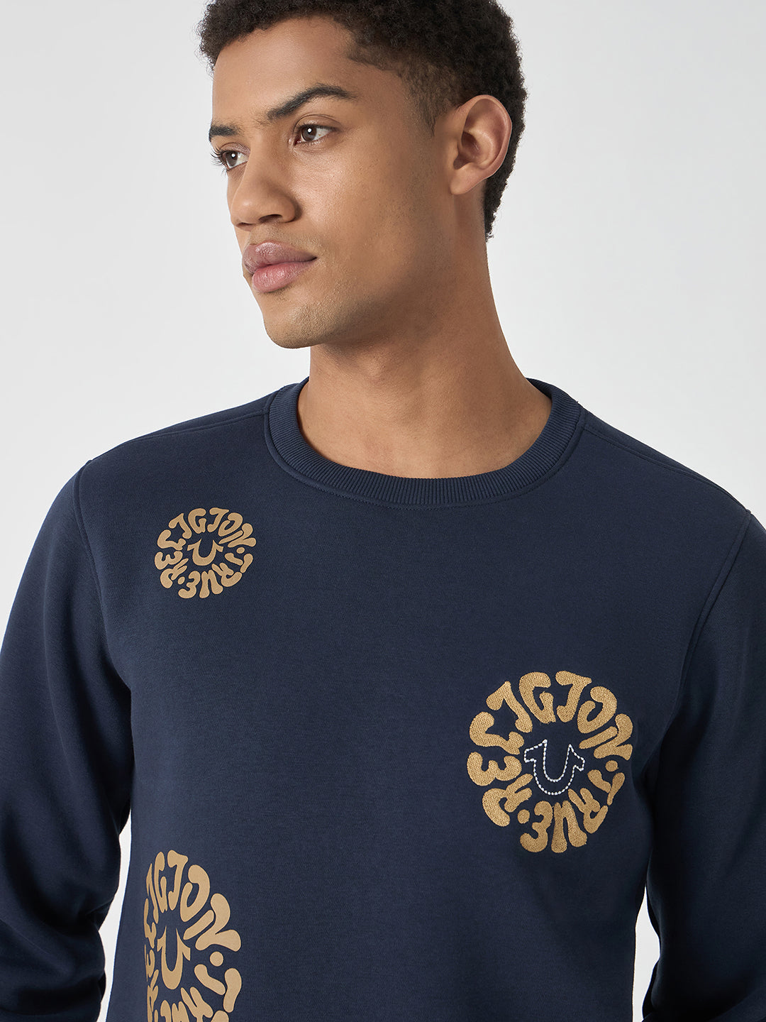 True Religion Men Blue Printed Round Neck Full Sleeves Pullover Style Sweatshirt