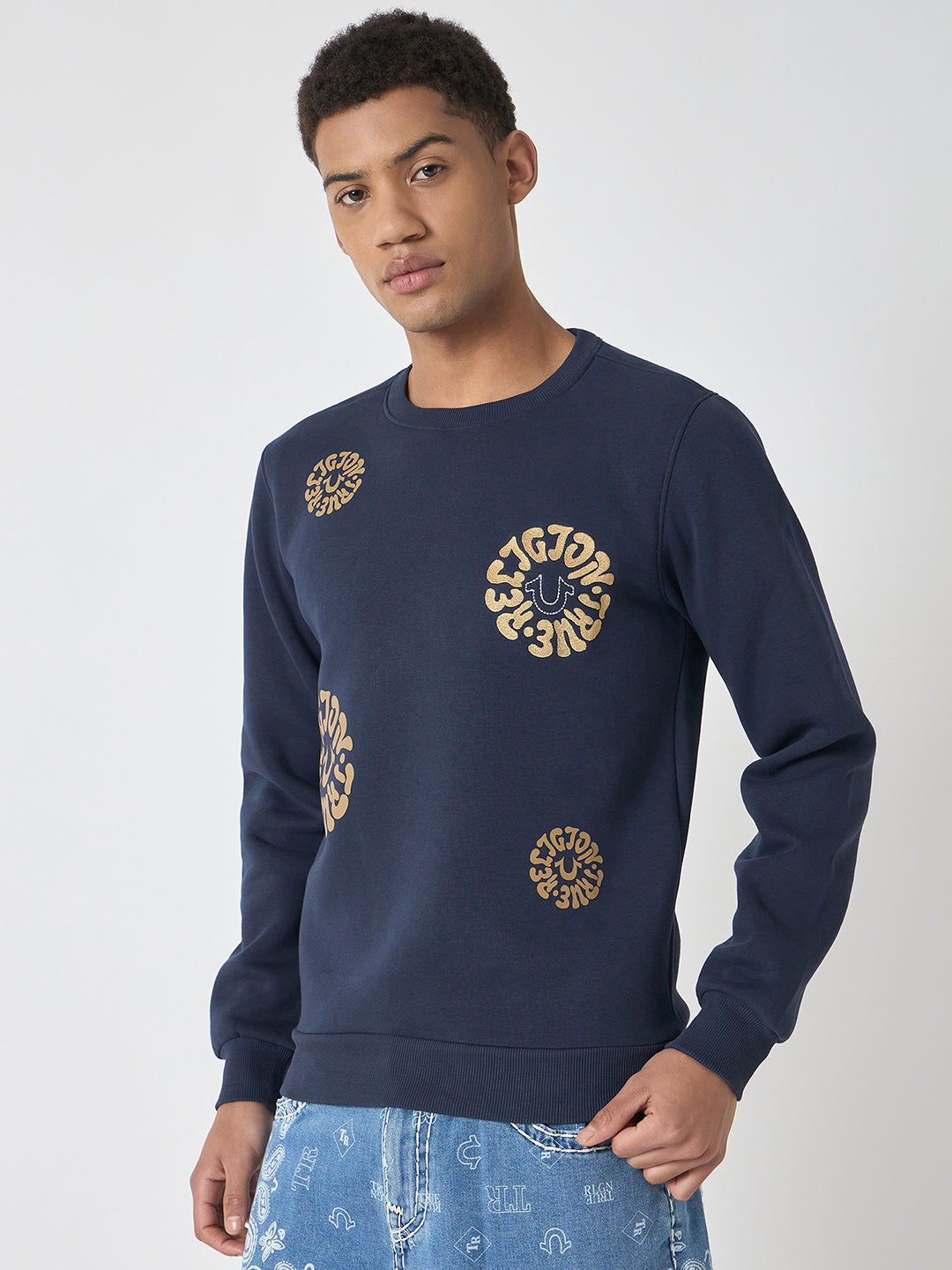 True Religion Men Blue Printed Round Neck Full Sleeves Pullover Style Sweatshirt