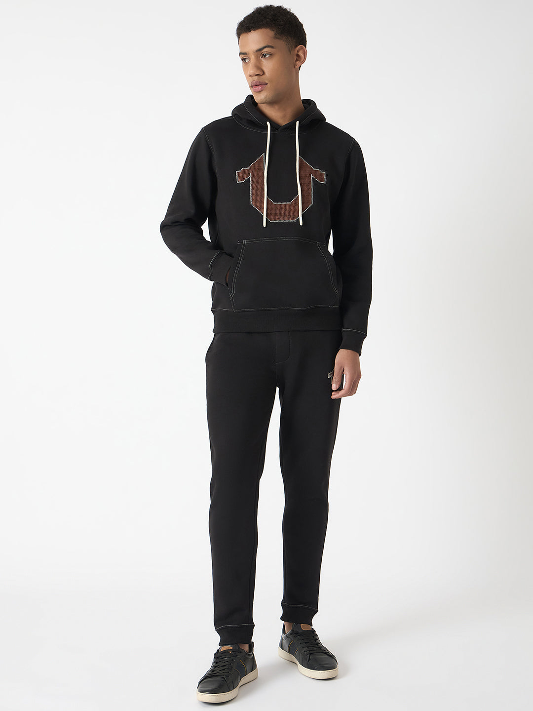 True Religion Men Black Self Design Hooded Full Sleeves Sweatshirt