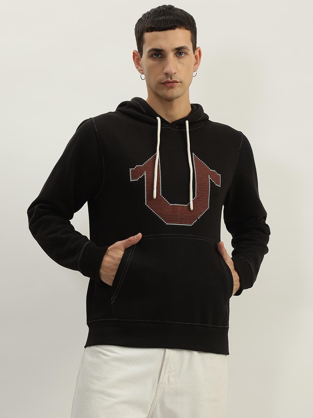 Men black self design hooded full sleeves sweatshirt
